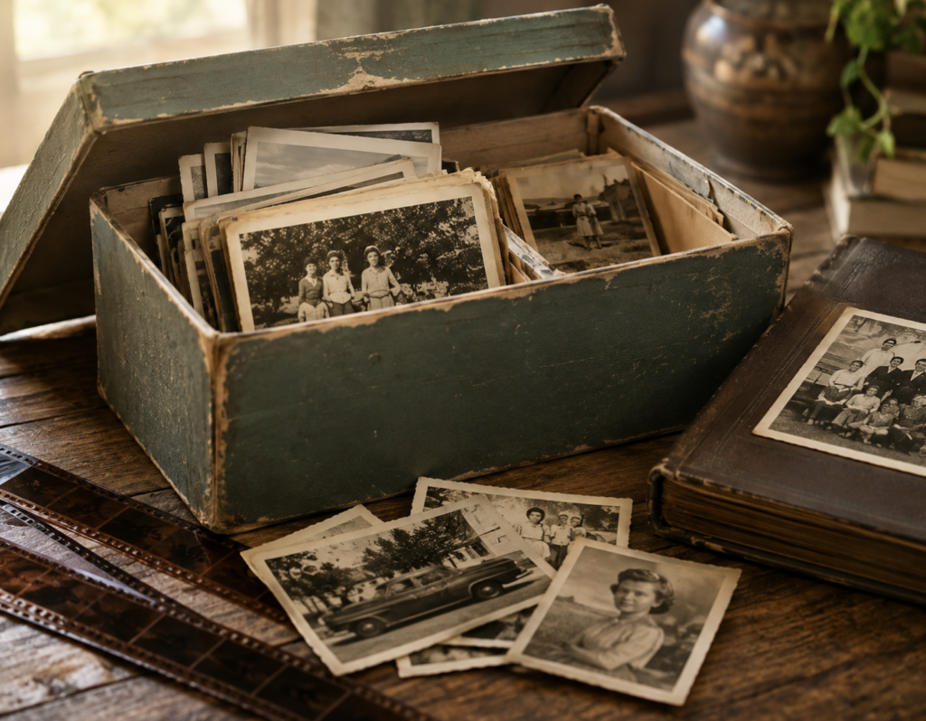 a box with old photographs.  Some loose photos are on the top of the table next to the box and an old photo album