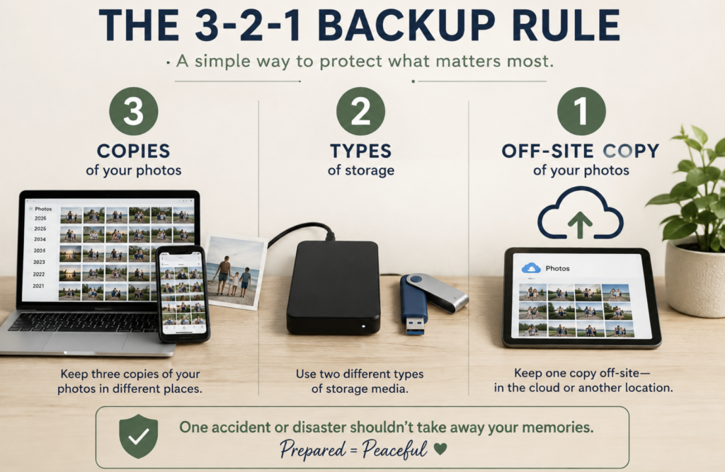 The 3-2-1 backup rule for photos - 3 copies of your photo, 2 types of storage and one additional off-site copy.