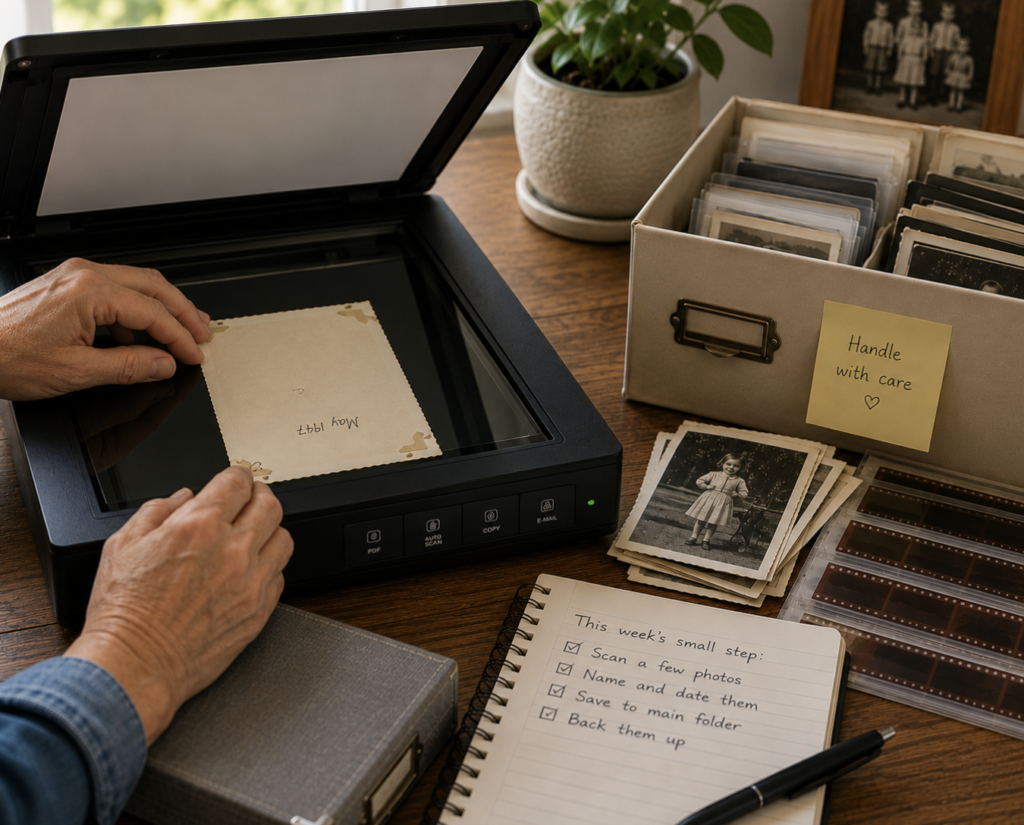 Scanning old photos.....scanner with photo being placed for scanning with a box of old photos nearby.  