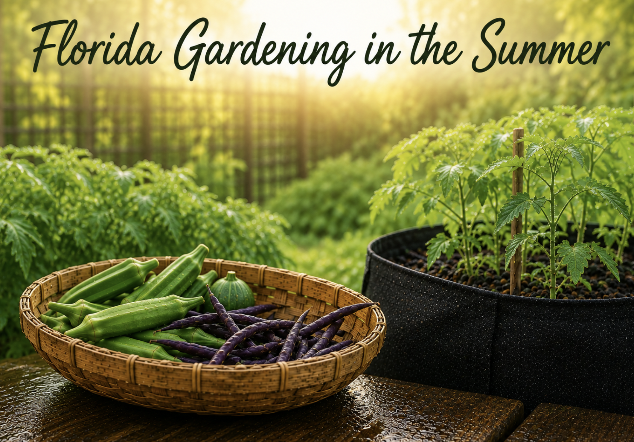 feature image of harvested okra and long beans in a basket, with vegetables growing in a black grow bag in the background