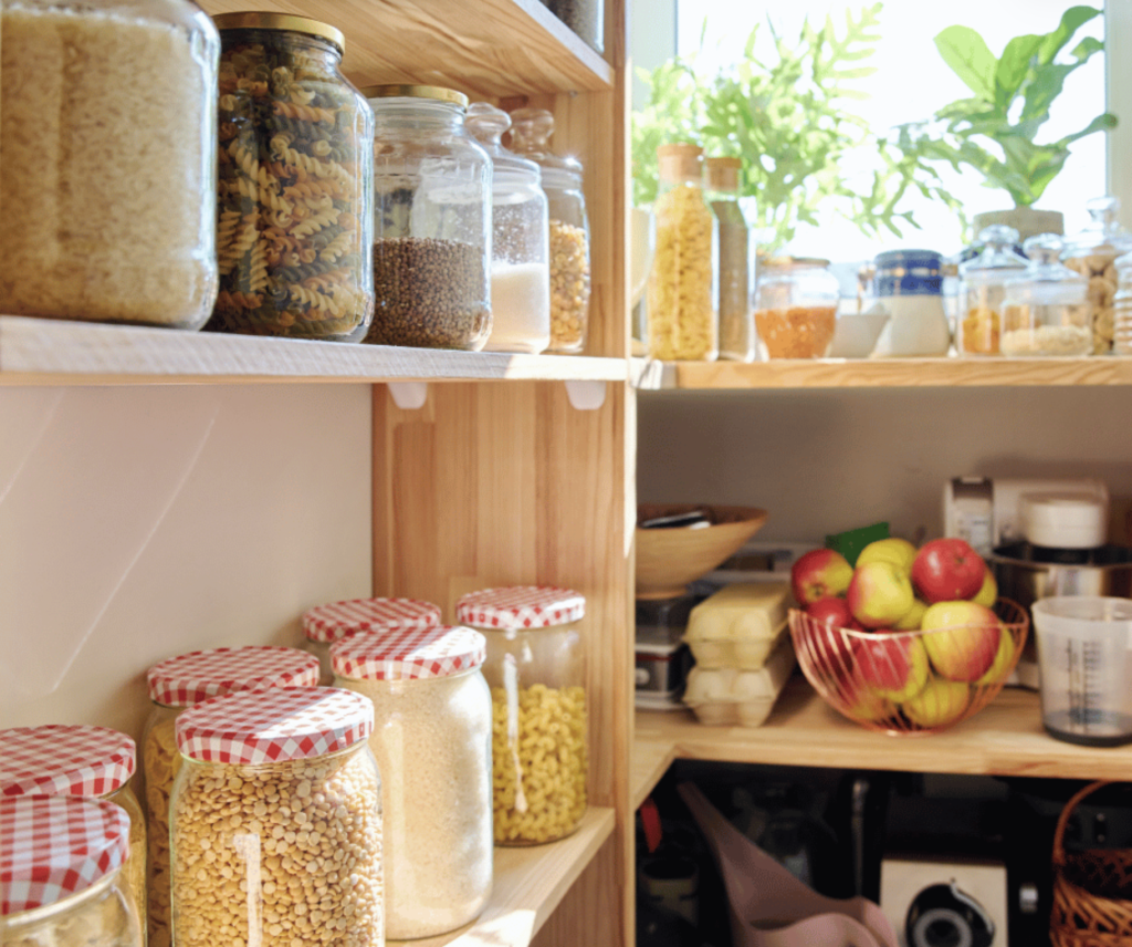 a pantry filled with dried goods in jars