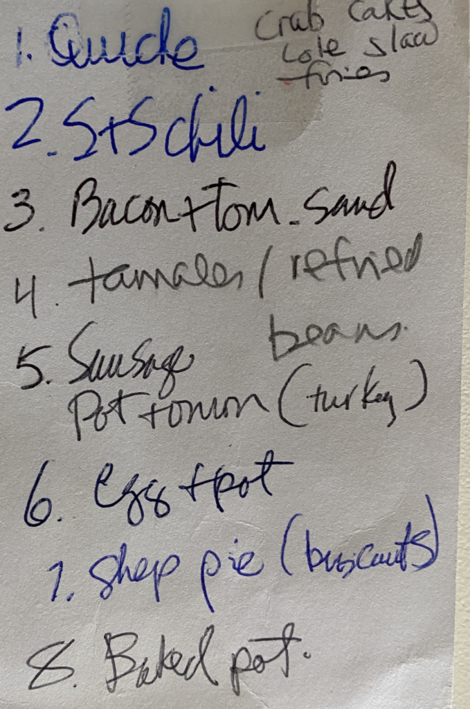 a handwritten note of foods we like - quiche, chili, bacon and tomato sandwich, tamales with refried beans, turkey sausage and potatoes and onion.