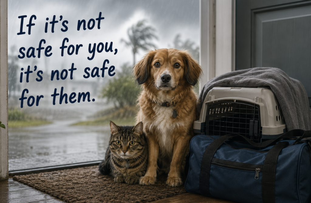 pets preparing to evacuate from their home to safety....if it's not safe for you, it's not safe for them.  