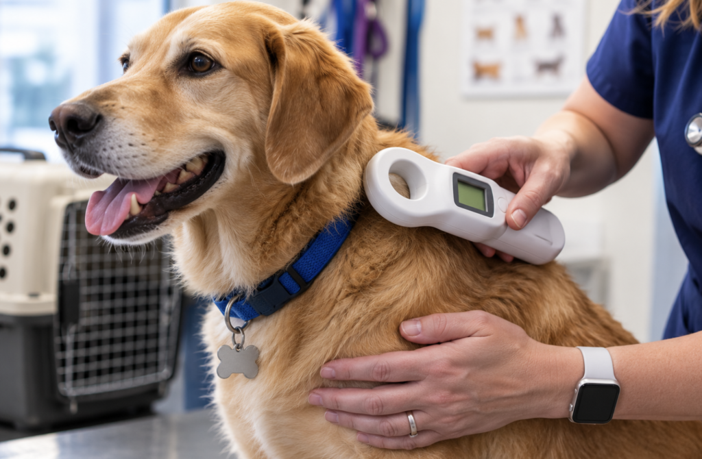 if you get separated from your pet during an evacuation, make sure they are microchipped.  Here a woman is scanning a dogs microchip.  