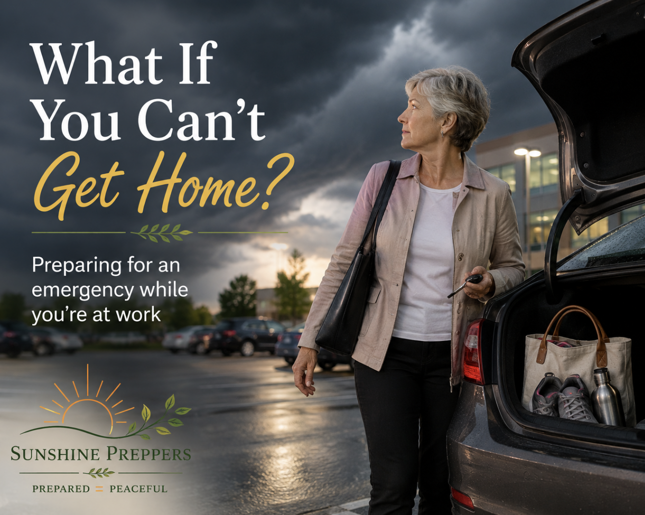 a woman heading home from work with storm clouds in the background