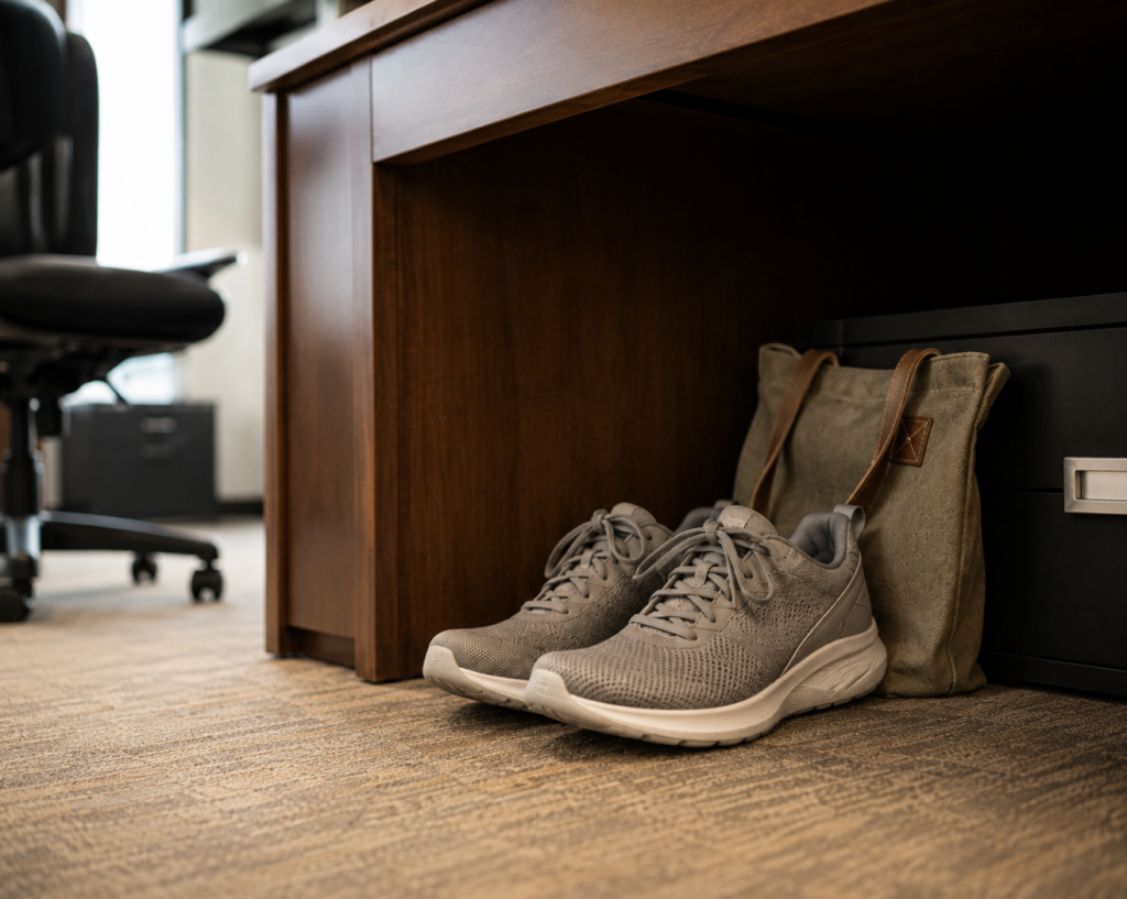 comfortable shoes and a tote bag under the desk in case of an emergency while you're at work