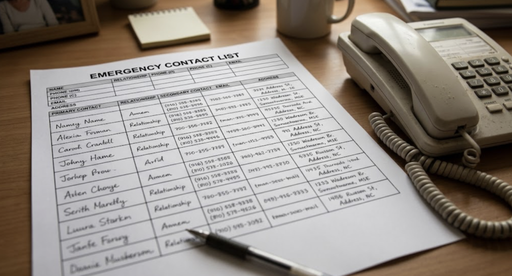 a paper emergency contact list next to a phone on a desk