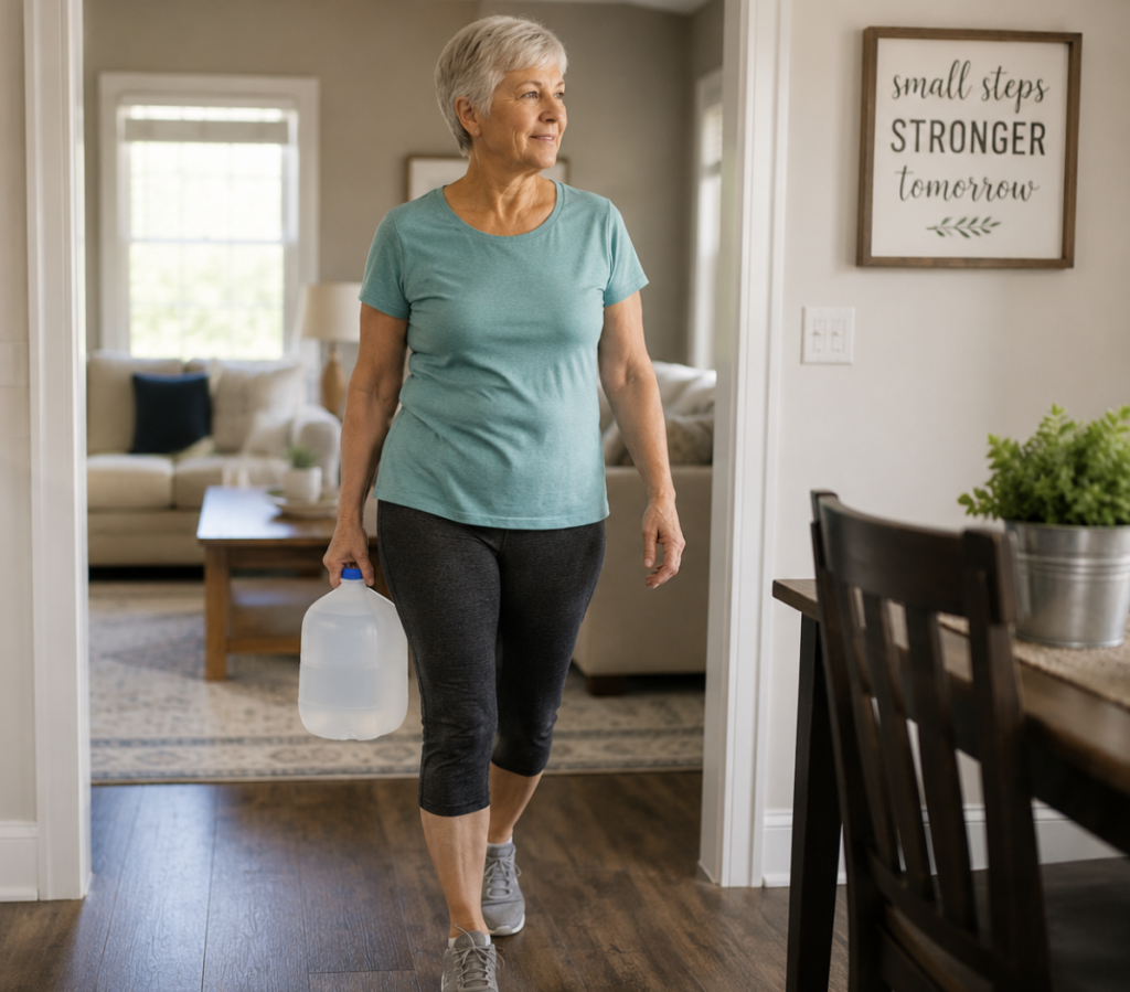A woman walking in her house carrying a gallon jug of water