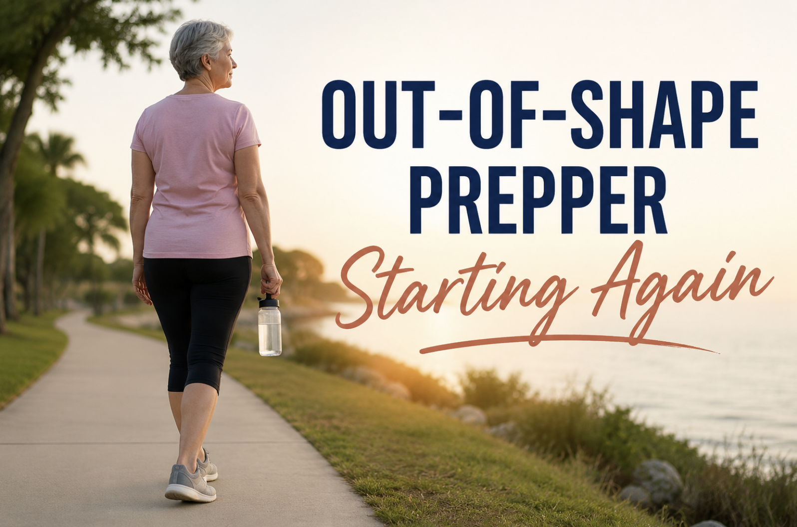 woman walking on a trail with the words "Out of shape prepper: starting again
