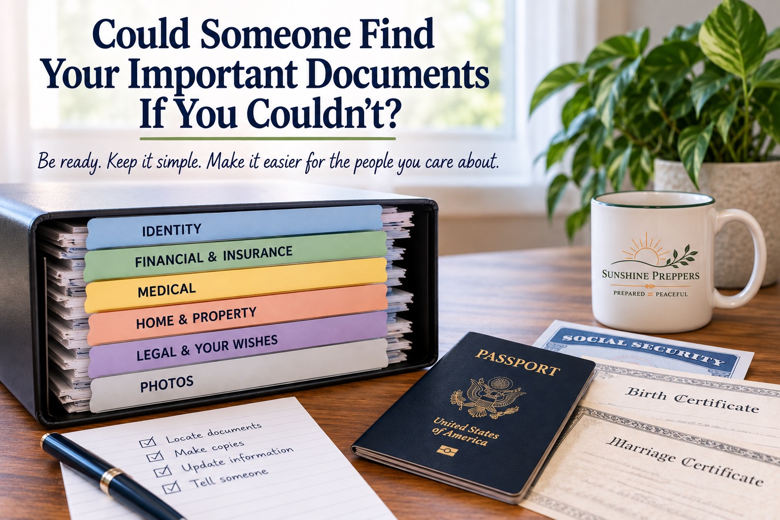 feature image for post about important documents showing examples of files on a desk, with a mug that says "Sunshine Preppers".