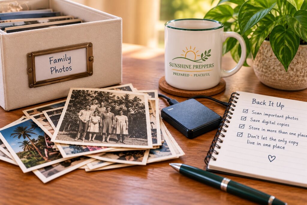 Family photos beside an external hard drive and backup checklist, with a Sunshine Preppers mug, illustrating how to protect and back up important photos.