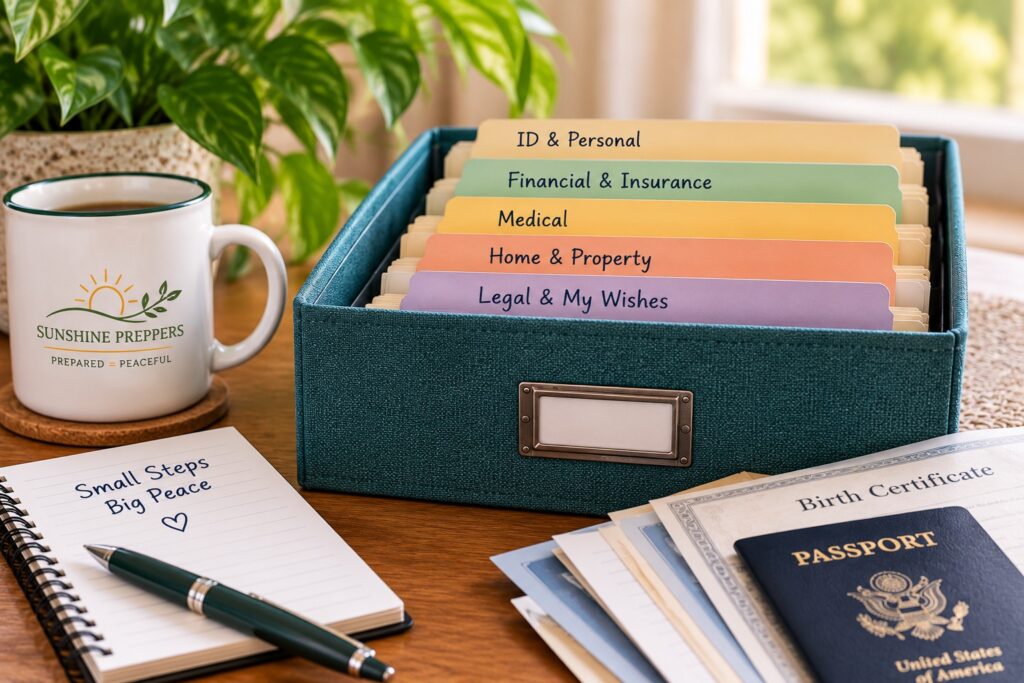 Organized file box with labeled folders for personal, financial, medical, property, and legal documents beside a Sunshine Preppers mug and important records.