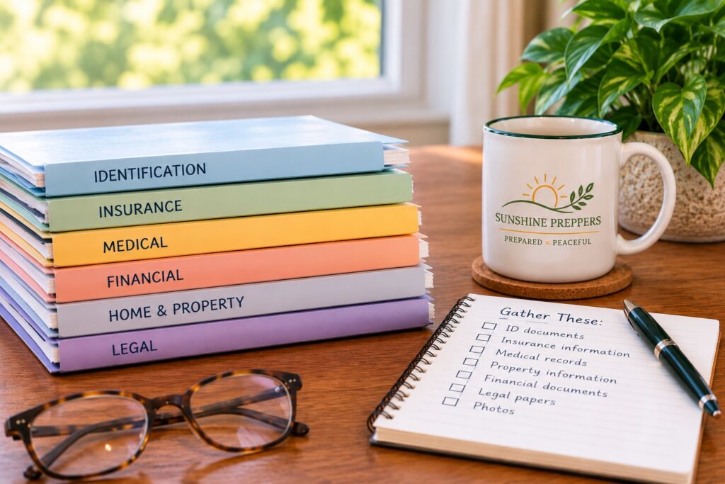 Organized folders for identification, insurance, medical, financial, property, and legal documents beside a Sunshine Preppers mug and preparedness checklist.