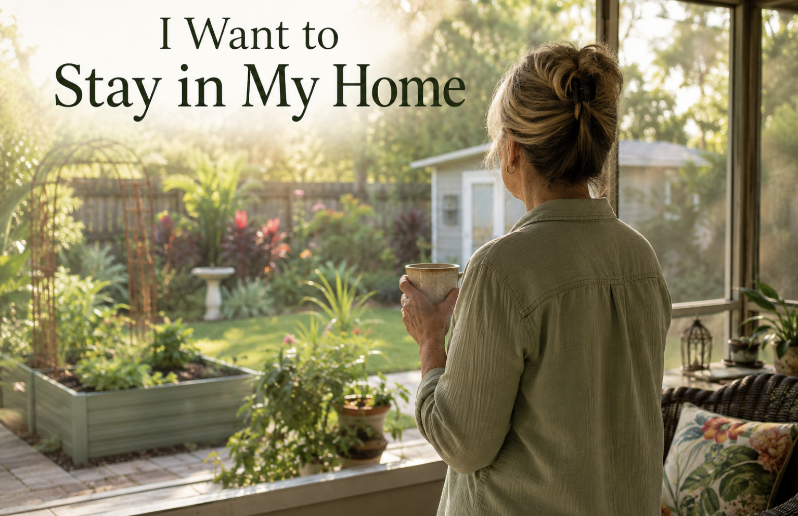 Older woman holding a cup of coffee on a sunny screened porch overlooking her backyard garden.