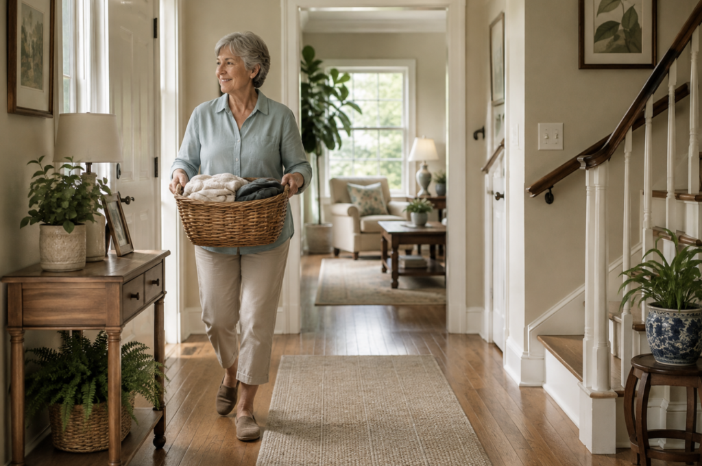 Older woman carrying a laundry basket through a bright, comfortable home.