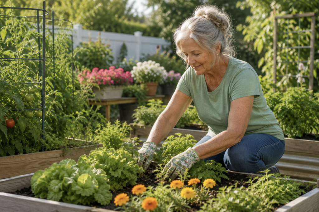 Older woman tending vegetables in a sunny raised-bed garden.