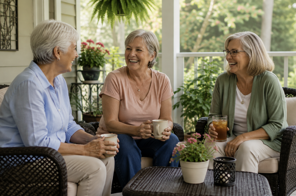 Three older women enjoying conversation and drinks together on a sunny porch.