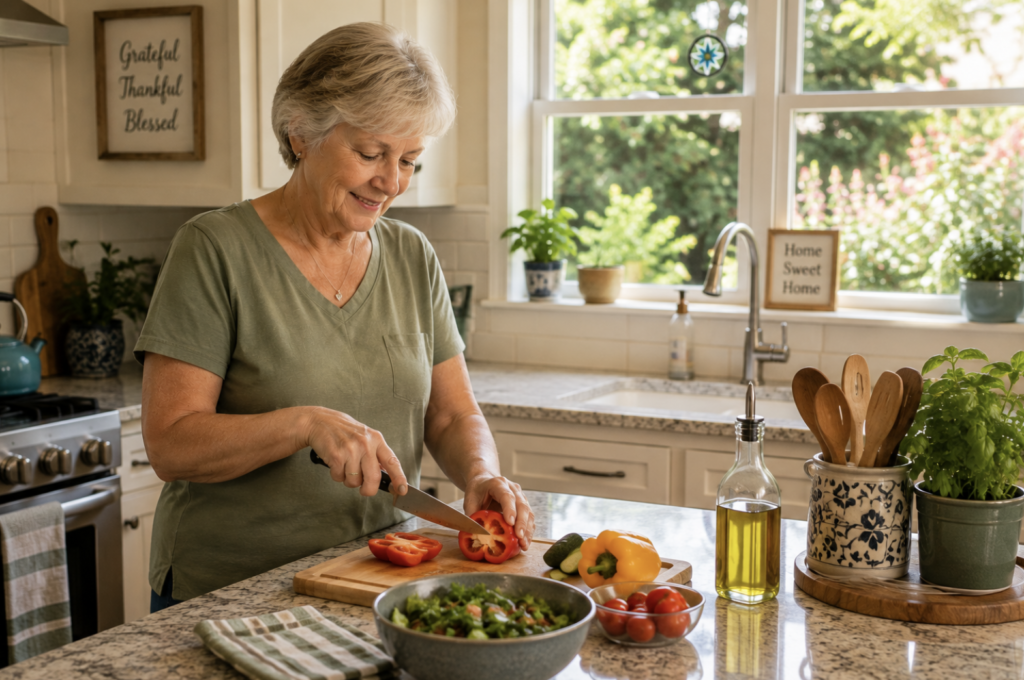 Older woman preparing fresh vegetables in a bright, comfortable kitchen overlooking the garden.