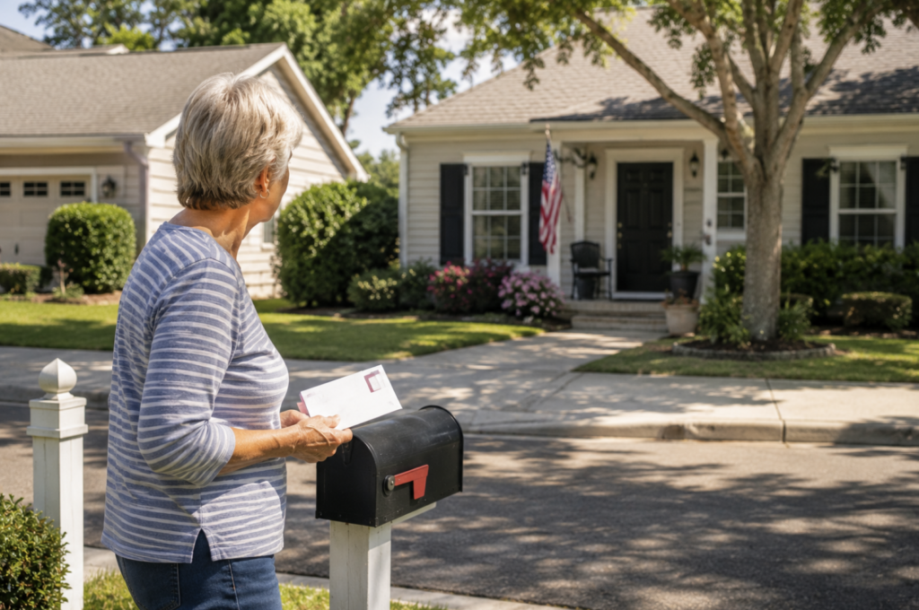 Older woman standing at her mailbox and looking toward a neighbor’s home with concern.