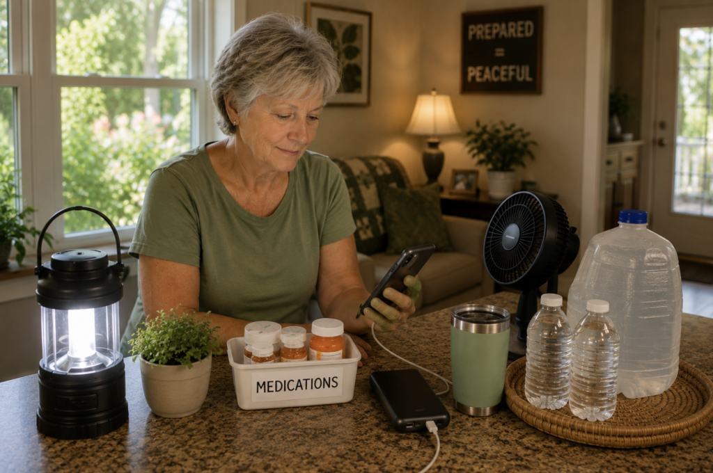 Older woman checking her phone beside emergency water, medications, a lantern and backup power supplies at home.